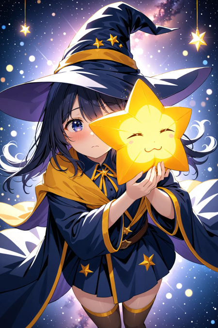 02119-2320793355-1girl, solo, wizard hat, robe, thighhighs, hugging glowing star, peeking, embarrassed, close-up face, from abov.webp